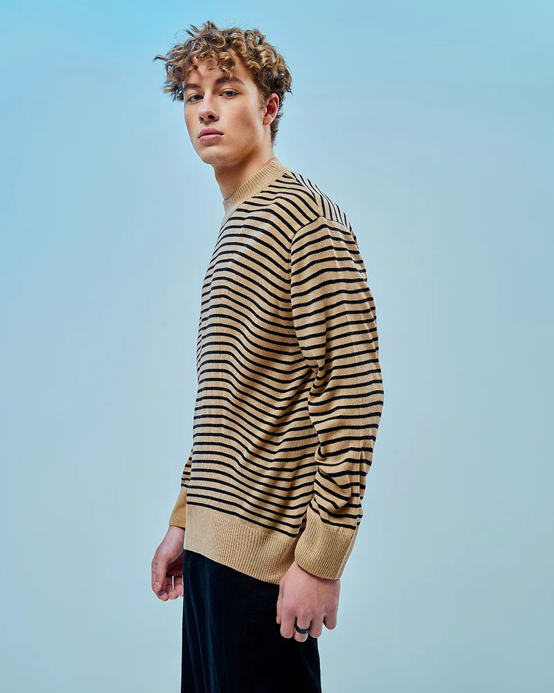 بيواكوف Men's Brown Striped Oversized Flatknit Sweater